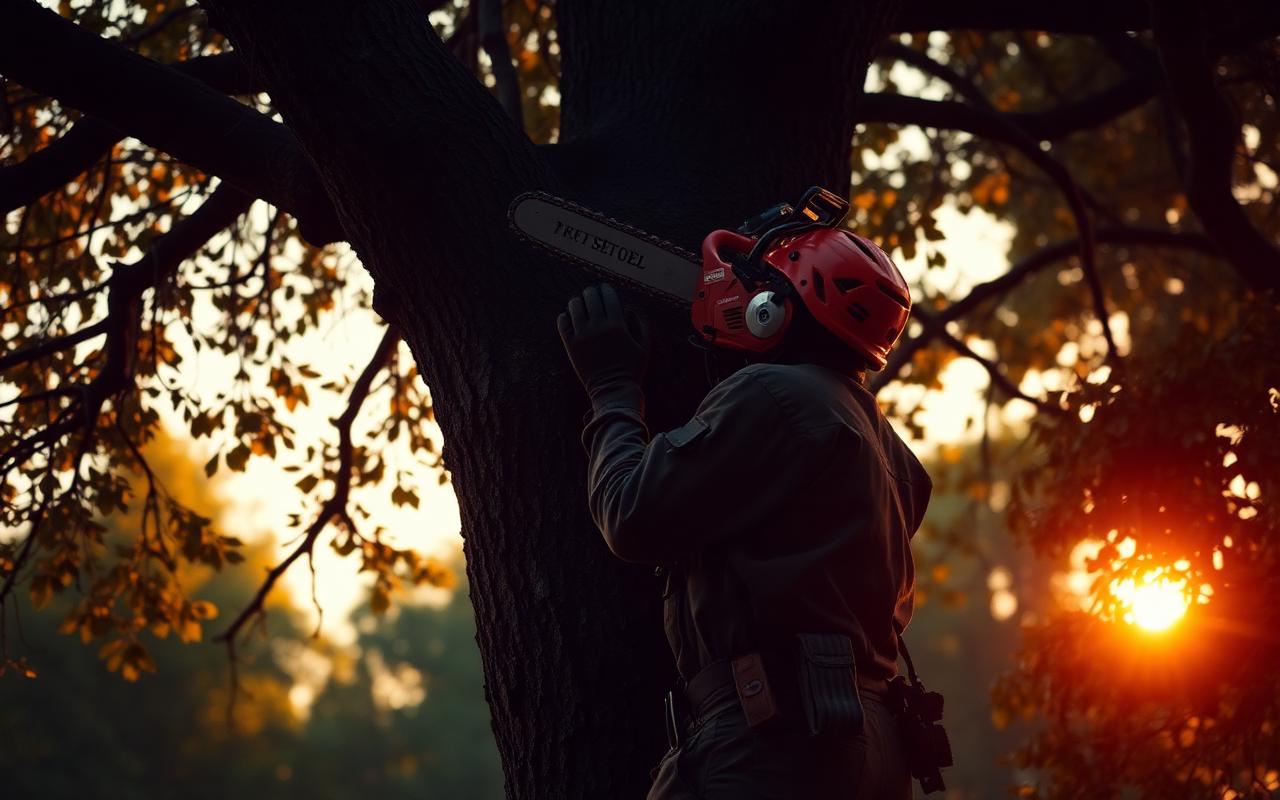 Arborist working high in a tree at golden hour